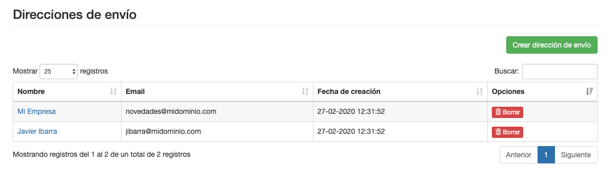 Eliminar una dirección de envío para Email - ACINTEC SMS