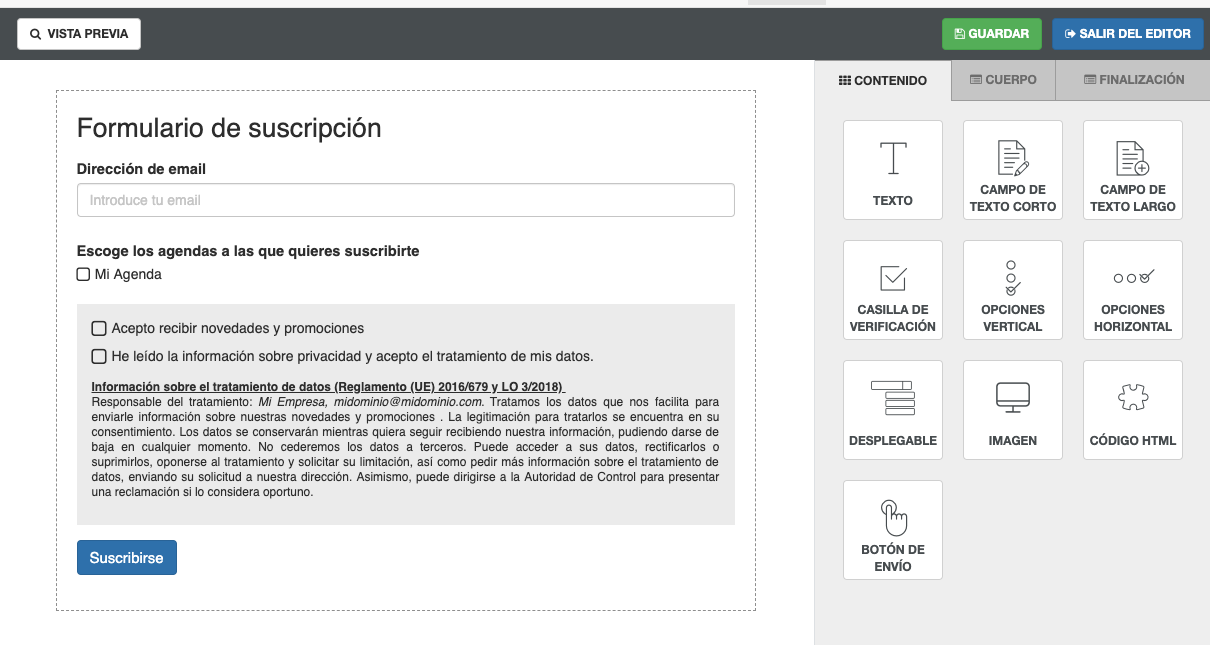 Puedes escoger las agendas a las que se suscribirán quien complete el formulario - ACINTEC SMS